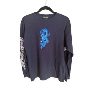 Vintage Y2K ODO Navy Blue Waffle Knit Thermal Long Sleeve Blue Dragon Embroidery